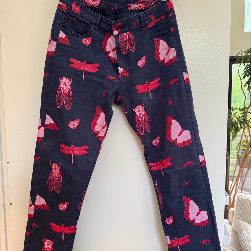 Navy Denim Pants with Red Insect Print